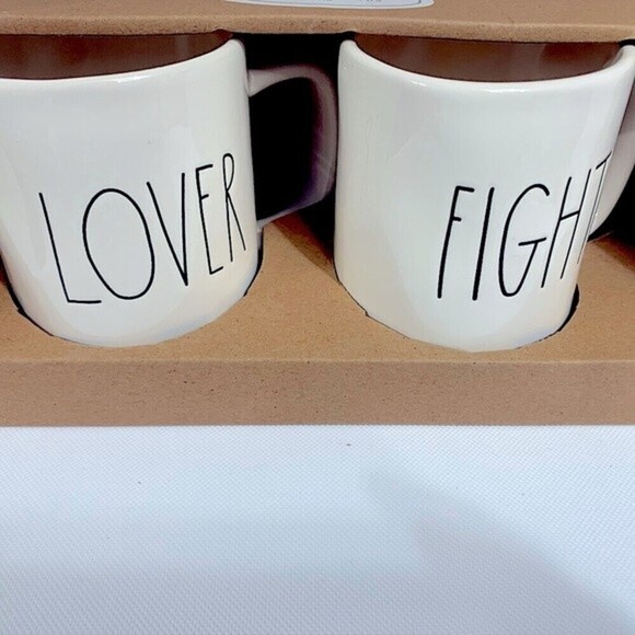 Rae Dunn Lover & Fighter Ceramic Coffee Mug Set‎ - Picture 5 of 5
